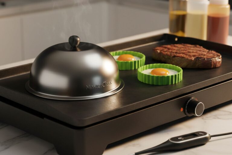 utensilios de precisión para plancha de asar incluyendo cúpula de acero, anillos de silicona y termómetro digital.