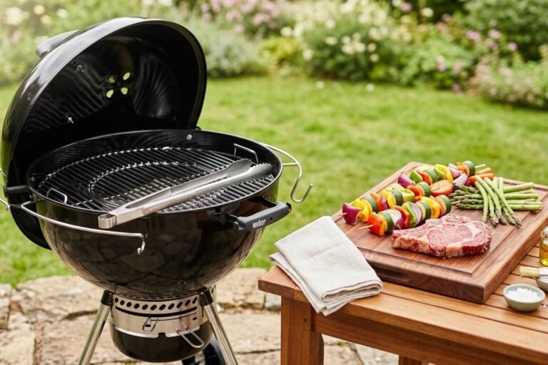 Primer plano de una barbacoa moderna con la tapa abierta y la rejilla negra y brillante, lista para cocinar en un jardín soleado, con pinzas apoyadas al lado y verduras frescas sobre una tabla de madera.