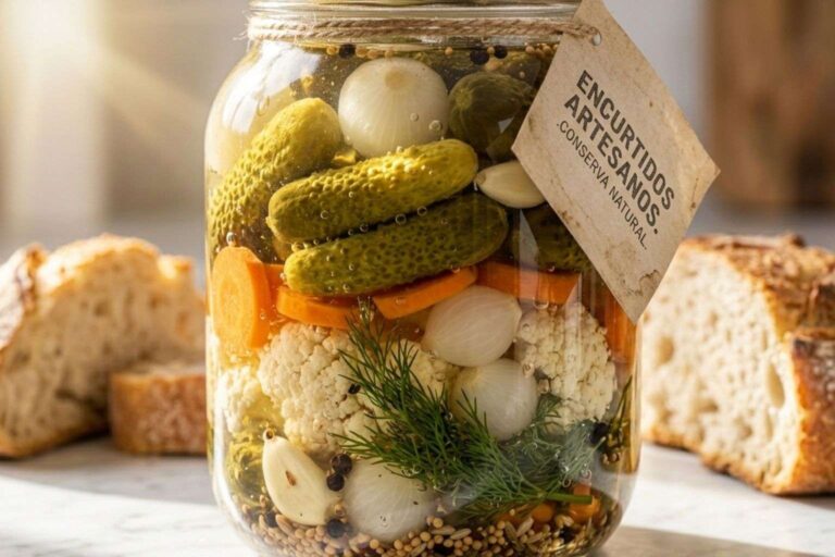 Tarro de encurtidos variados con etiqueta artesanal y pan, representando los beneficios de este bocado saludable y bajo en calorías