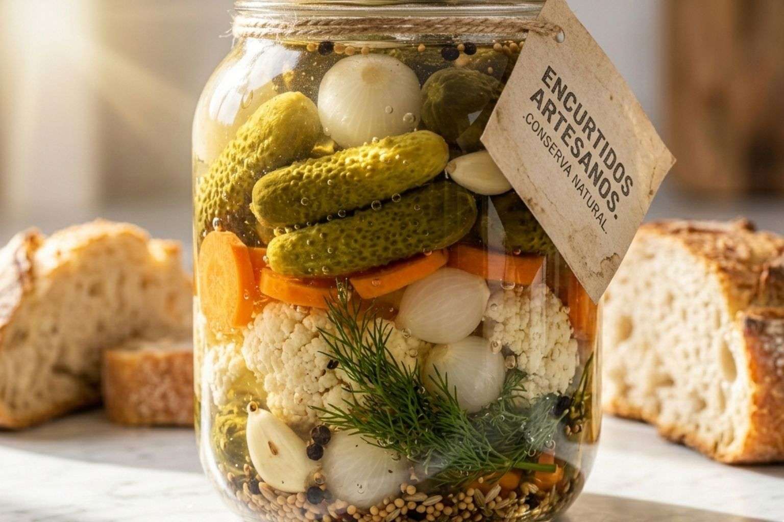 Tarro de encurtidos variados con etiqueta artesanal y pan, representando los beneficios de este bocado saludable y bajo en calorías