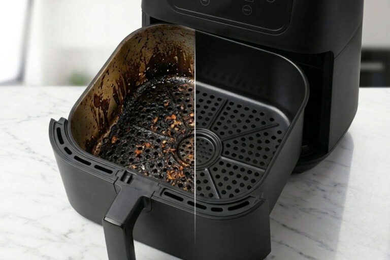 Comparativa de limpieza de una cesta de freidora de aire: lado izquierdo con grasa negra incrustada y lado derecho limpio y reluciente sobre encimera de mármol.