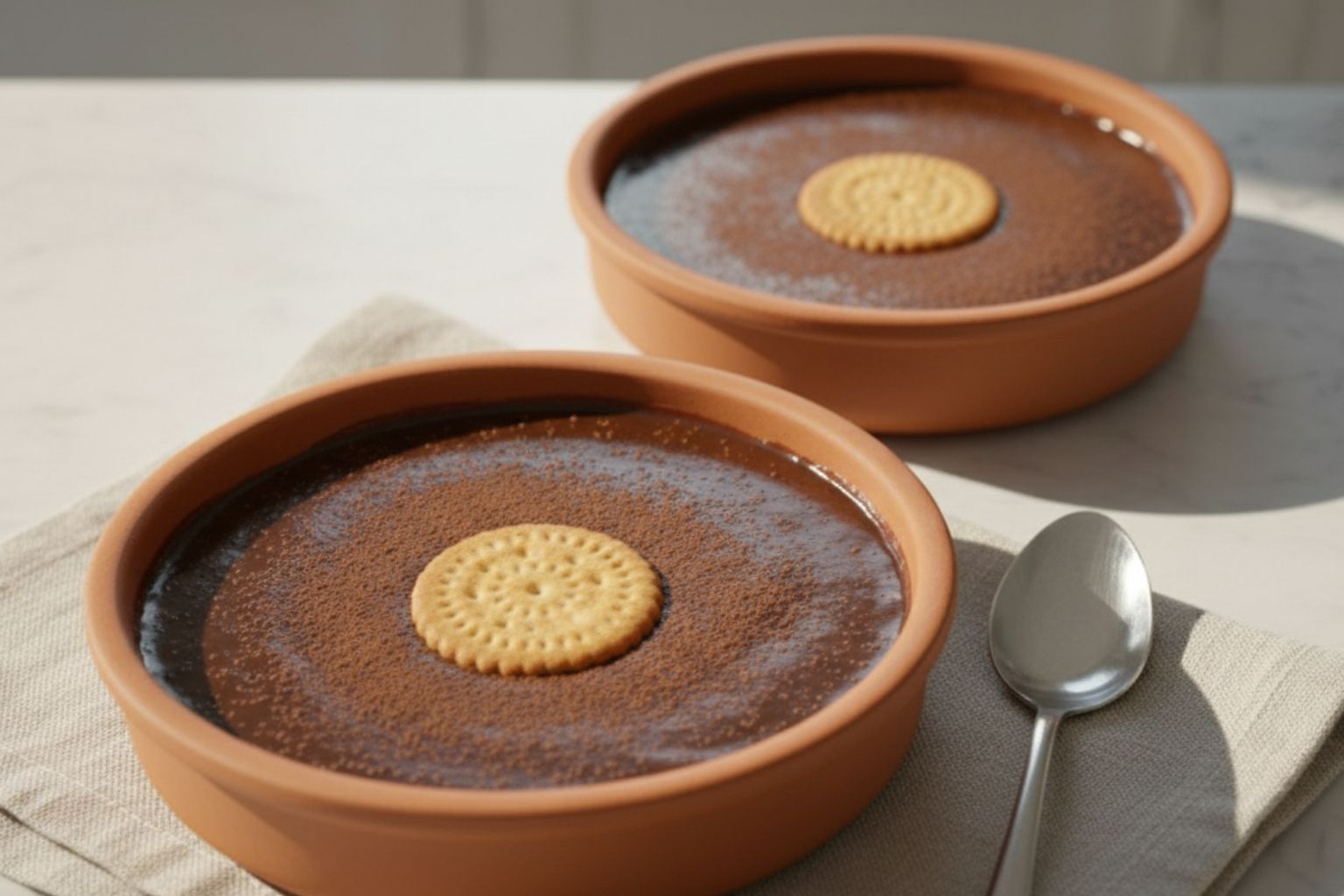 Dos cuencos de barro con natillas de chocolate y galleta sobre un mantel de lino con una cuchara al lado.