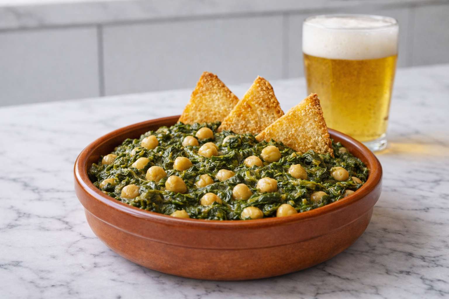 Cazuela de barro con espinacas con garbanzos a la sevillana servida con picatostes de pan frito y una cerveza.