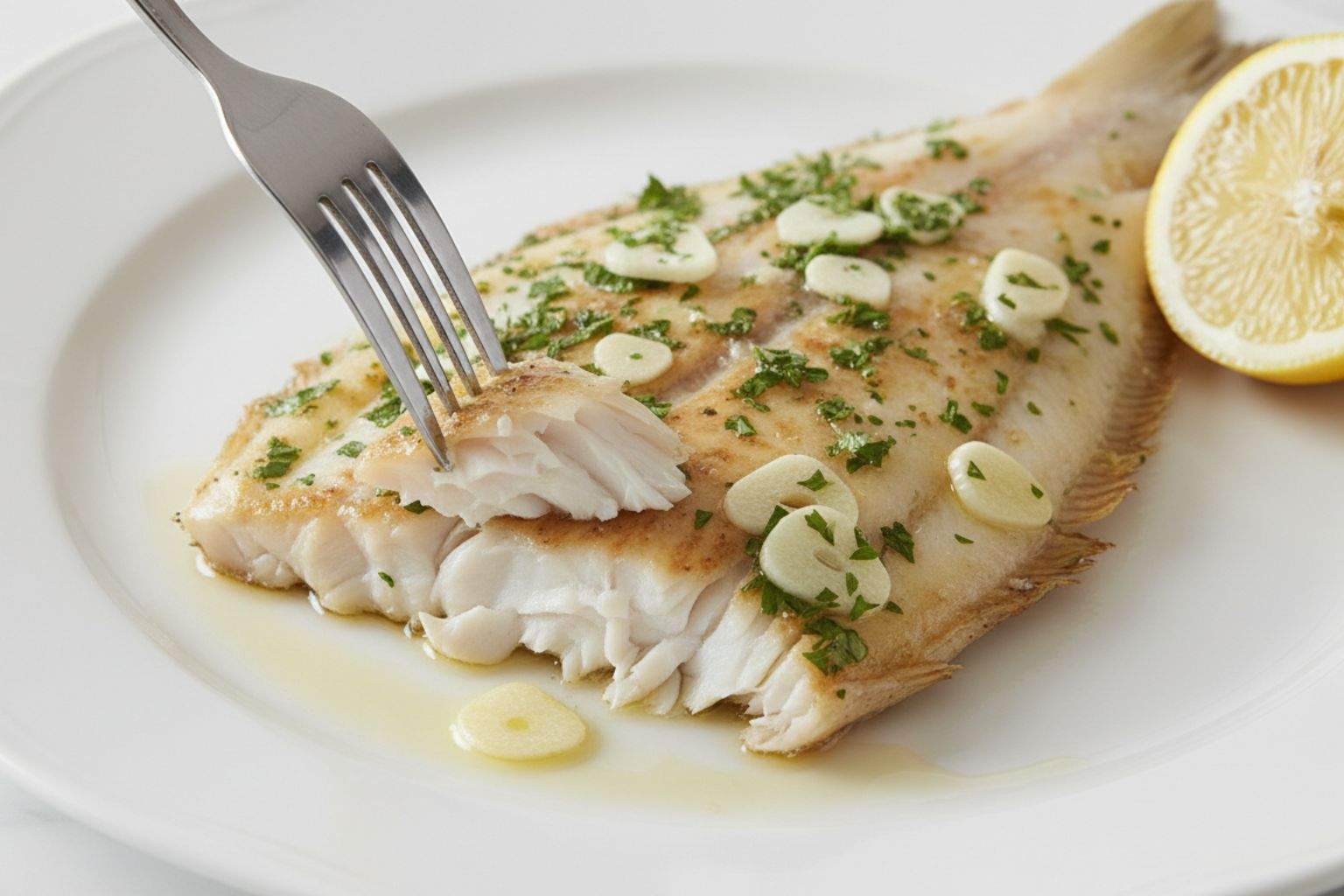 Primer plano de un lenguado a la plancha en plato blanco, mostrando una lasca de carne jugosa levantada con un tenedor.