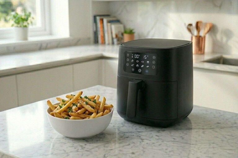 Freidora de aire barata y buena sobre encimera de mármol al lado de un cuenco con patatas fritas crujientes y doradas.