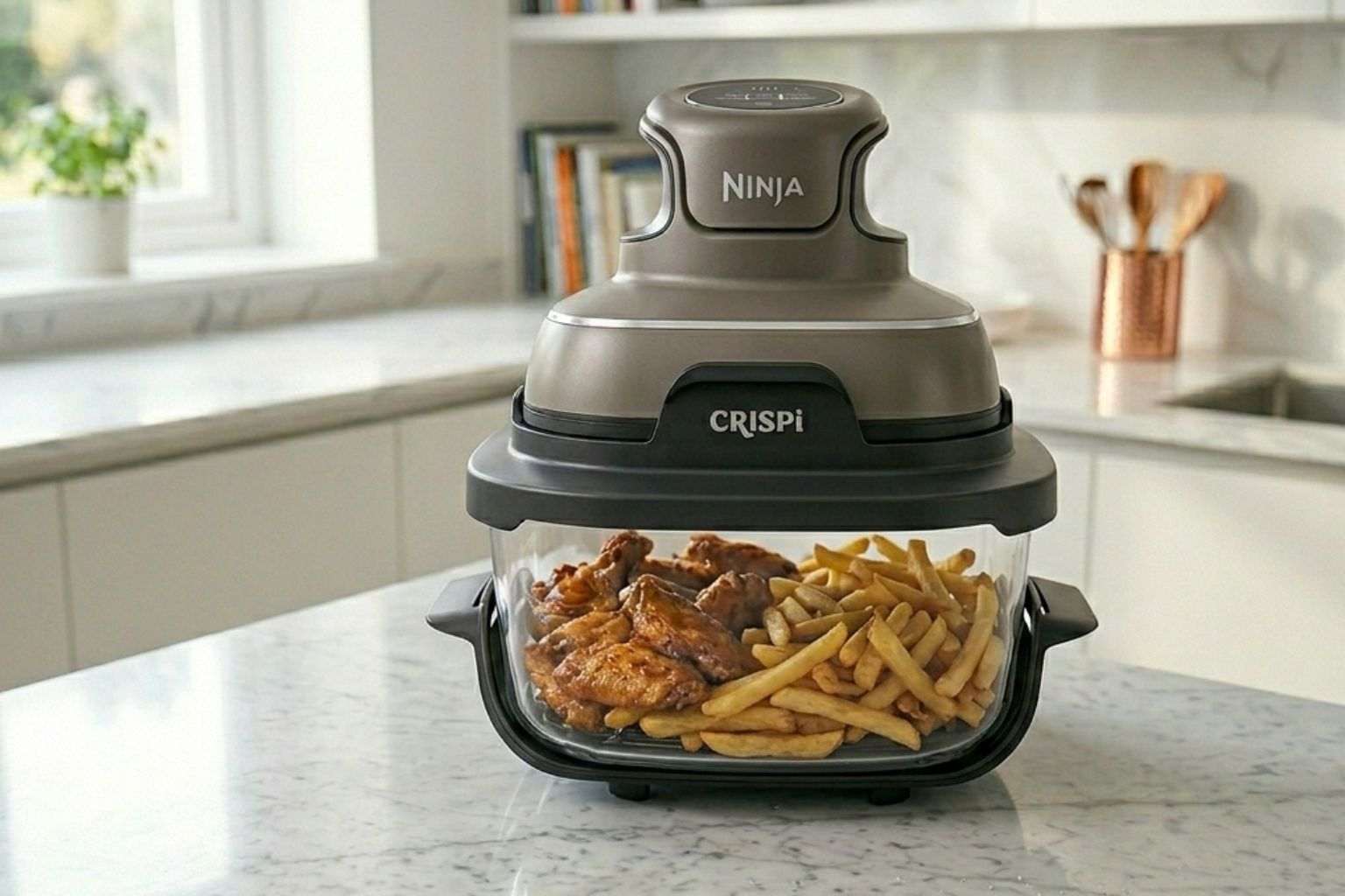 Freidora de aire de cristal Ninja CRISPi cocinando alitas de pollo y patatas fritas de forma saludable sobre encimera de mármol.