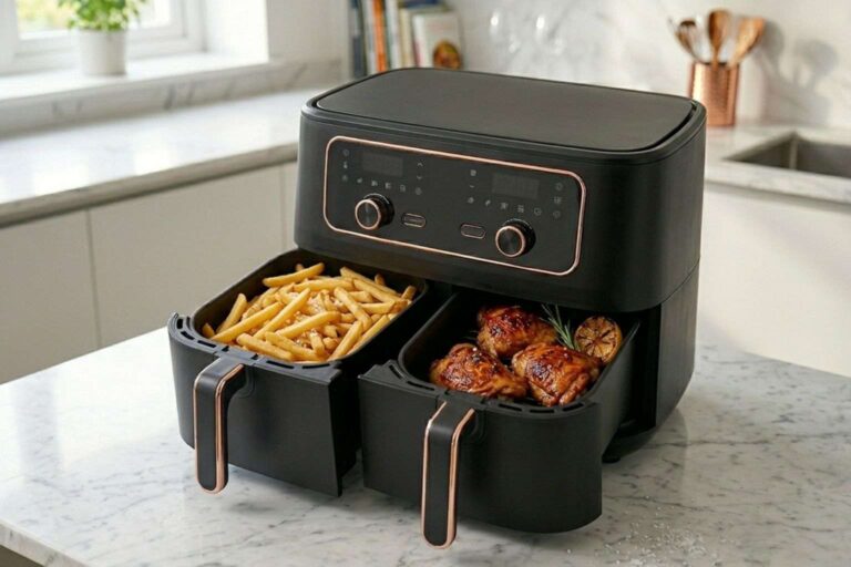 Freidora de aire de doble cesta sobre encimera de mármol cocinando patatas fritas y pollo asado de forma simultánea.