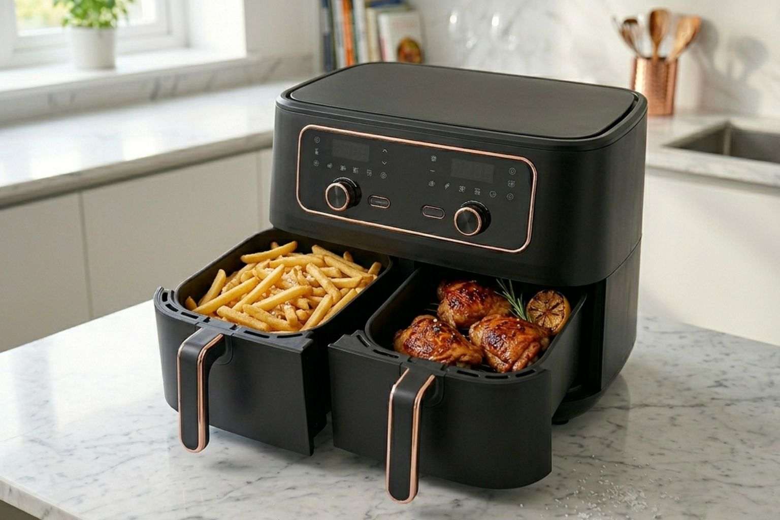 Freidora de aire de doble cesta sobre encimera de mármol cocinando patatas fritas y pollo asado de forma simultánea.