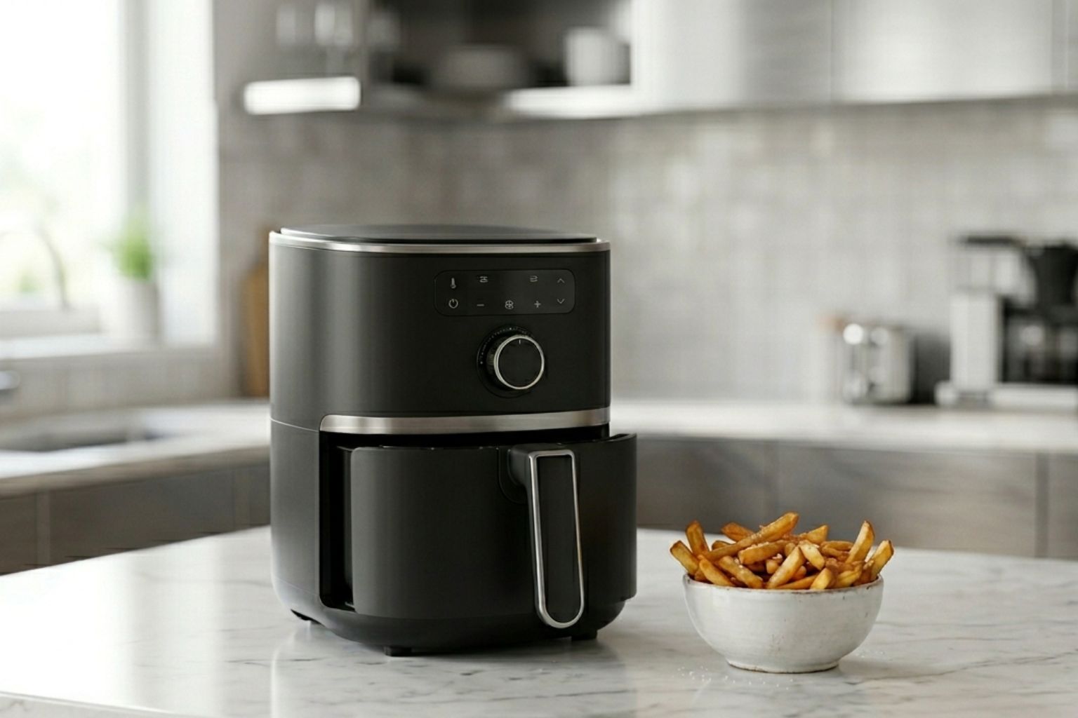 Air fryer pequeña de 2 litros cocinando sobre una encimera de mármol en una cocina moderna.