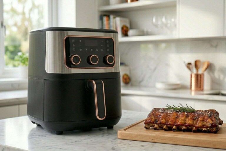 Freidora de aire grande de 10 litros de gran capacidad junto a un costillar de cerdo asado sobre una tabla de madera.