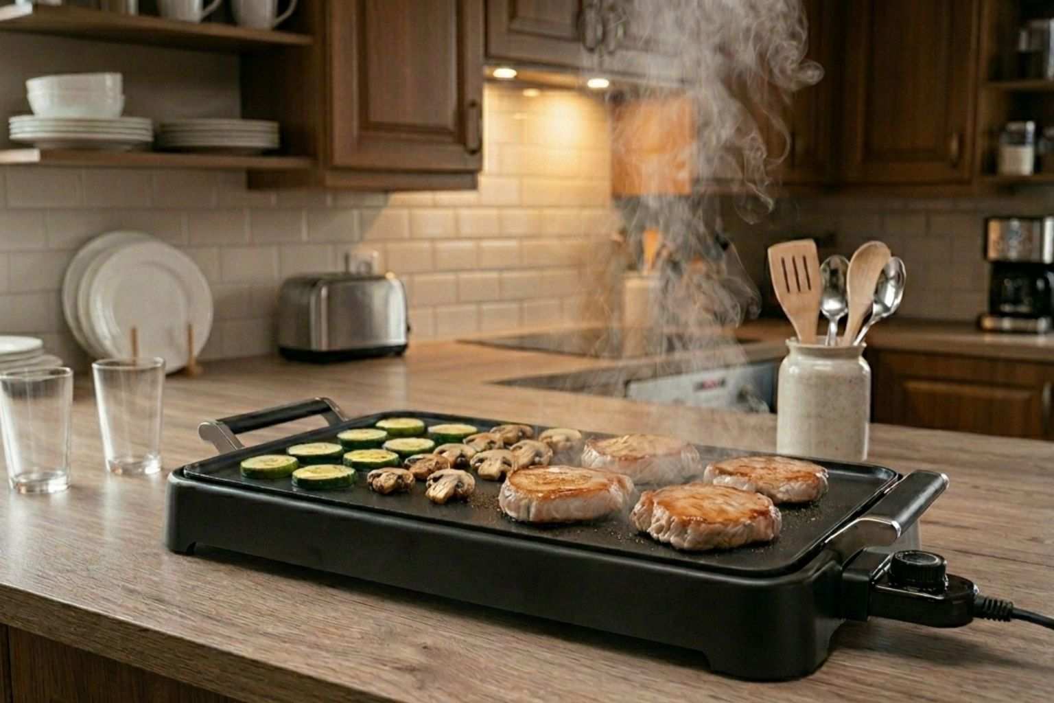 Plancha de asar barata de cocina con filetes de lomo y calabacín cocinándose de forma saludable