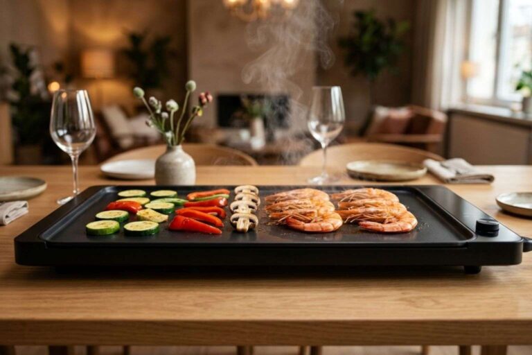Plancha de asar Teppanyaki de mesa con verduras y gambas en una cena social.