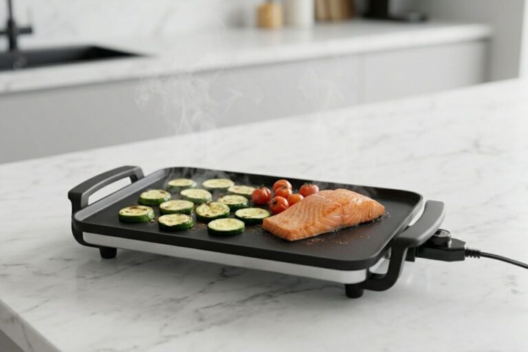 Plancha de asar pequeña de mesa cocinando un filete de salmón y verduras frescas sobre una encimera de mármol.
