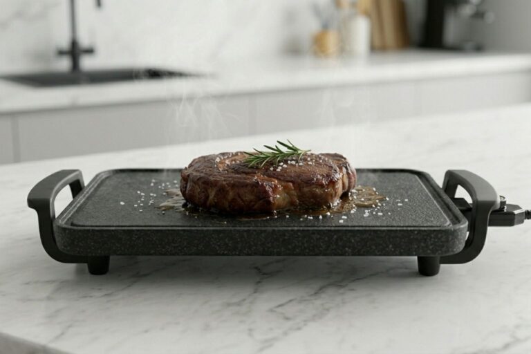Plancha para asar carne eléctrica de alta potencia sellando un chuletón grueso con romero sobre una encimera de mármol.