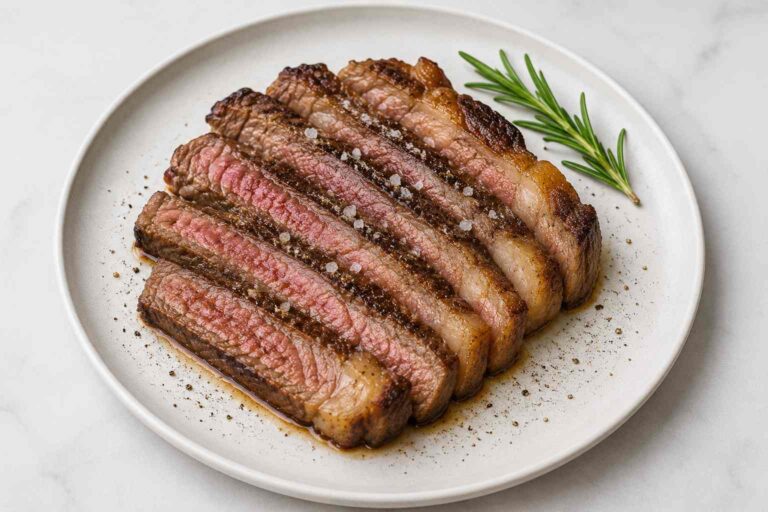 Entrecot de ternera a la plancha cortado en lonchas, cocinado al punto y servido en plato blanco