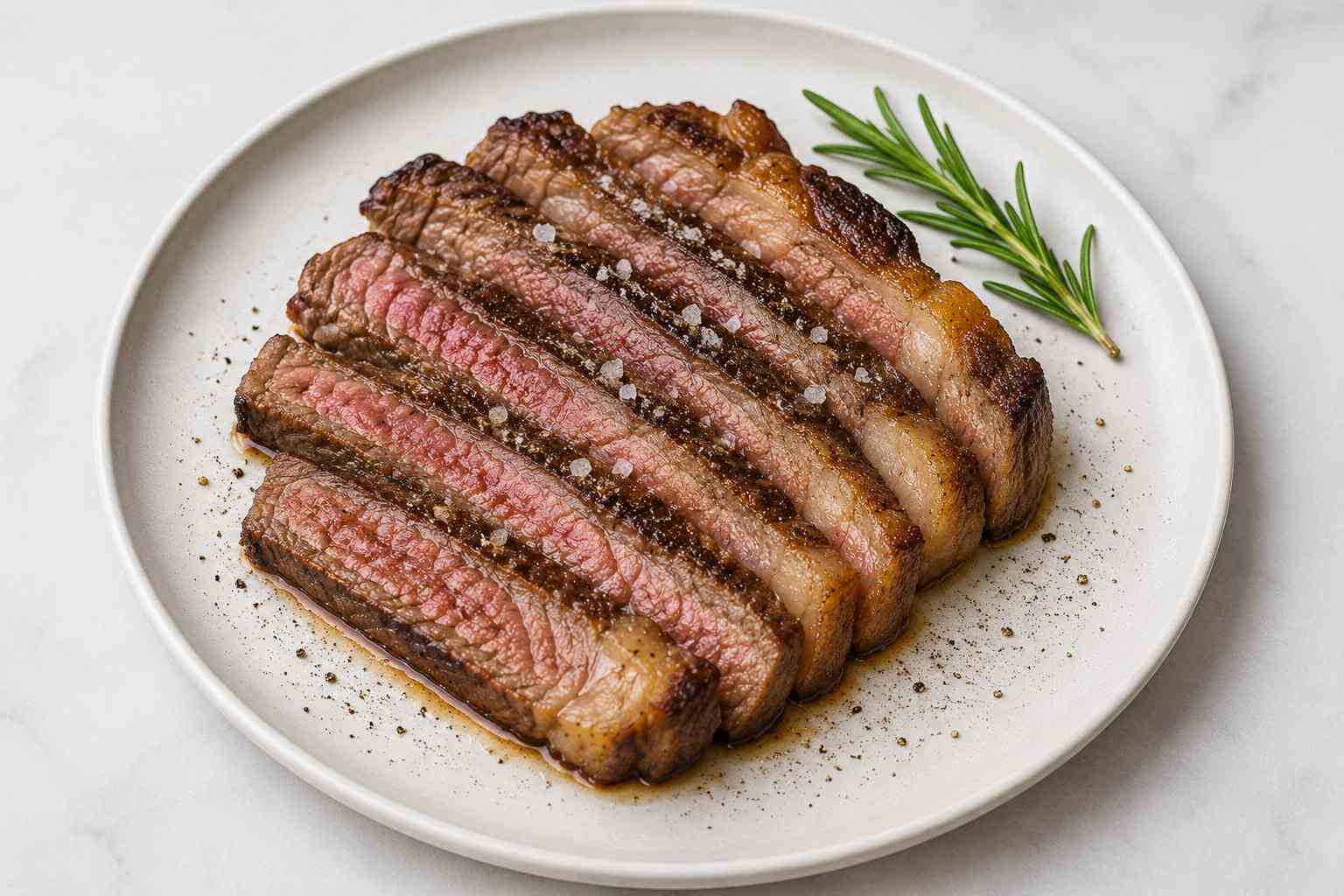 Entrecot de ternera a la plancha cortado en lonchas, cocinado al punto y servido en plato blanco