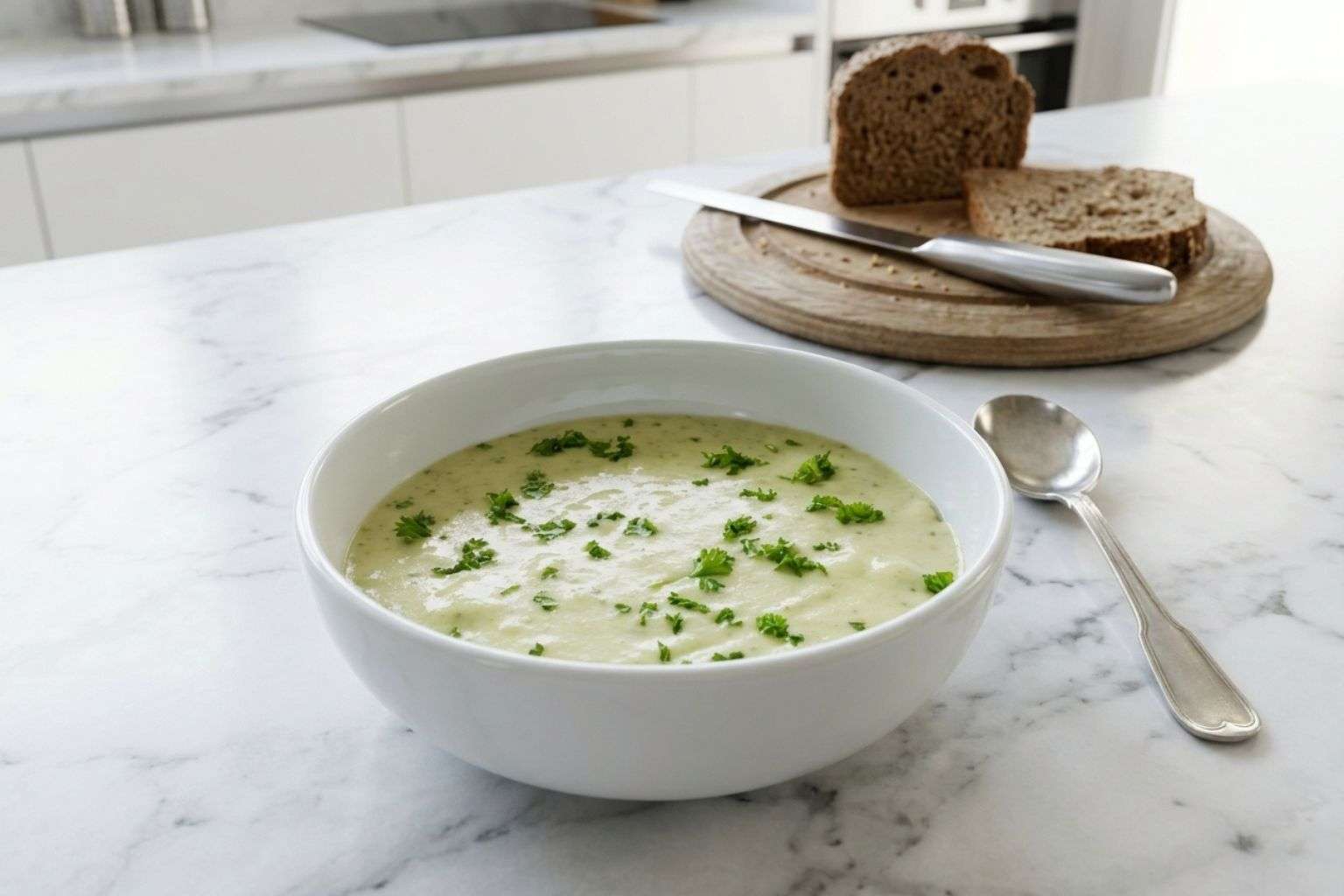 Vista de bol blanco con crema de calabacín Sin Nata casera
