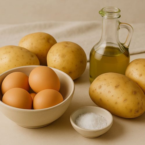 Ingredientes para tortilla de patatas sin cebolla: patatas de calidad, huevos frescos, aceite de oliva y sal.